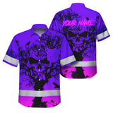 Hi Vis Hawaiian Shirt, Pink Tree Skull Custom Name High Visibility Short Sleeve Button Up Safety Shirt for Workers, Truckers