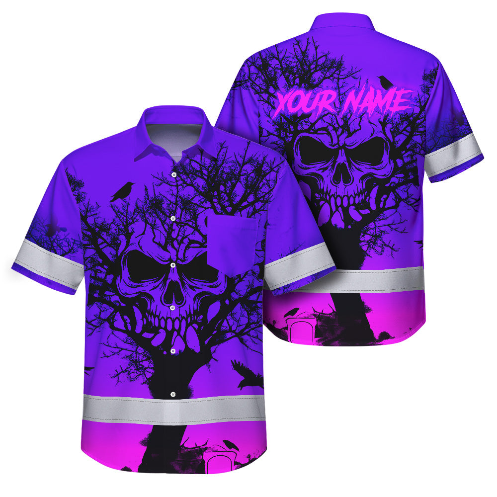 Hi Vis Hawaiian Shirt, Pink Tree Skull Custom Name High Visibility Short Sleeve Button Up Safety Shirt for Workers, Truckers