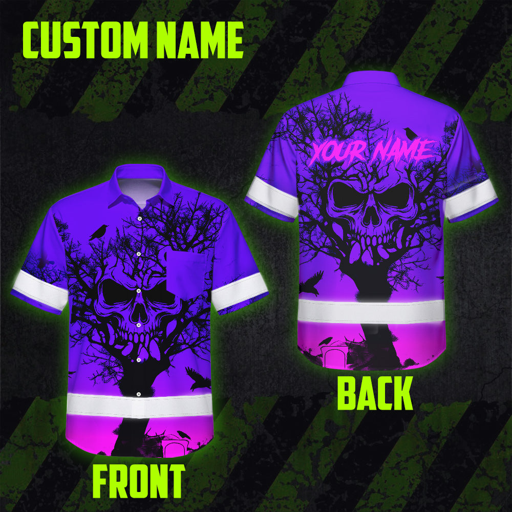 Hi Vis Hawaiian Shirt, Pink Tree Skull Custom Name High Visibility Short Sleeve Button Up Safety Shirt for Workers, Truckers