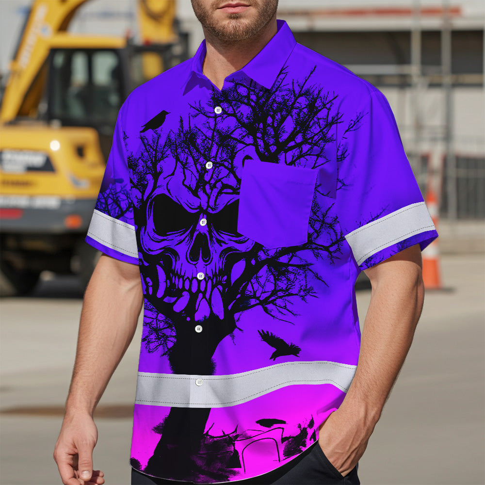 Hi Vis Hawaiian Shirt, Pink Tree Skull Custom Name High Visibility Short Sleeve Button Up Safety Shirt for Workers, Truckers