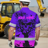 Hi Vis Hawaiian Shirt, Pink Tree Skull Custom Name High Visibility Short Sleeve Button Up Safety Shirt for Workers, Truckers