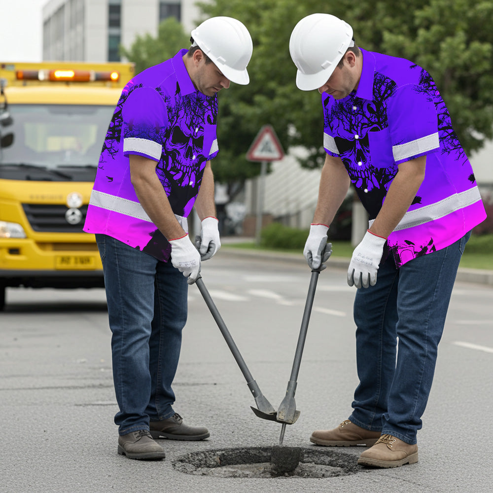 Hi Vis Hawaiian Shirt, Pink Tree Skull Custom Name High Visibility Short Sleeve Button Up Safety Shirt for Workers, Truckers