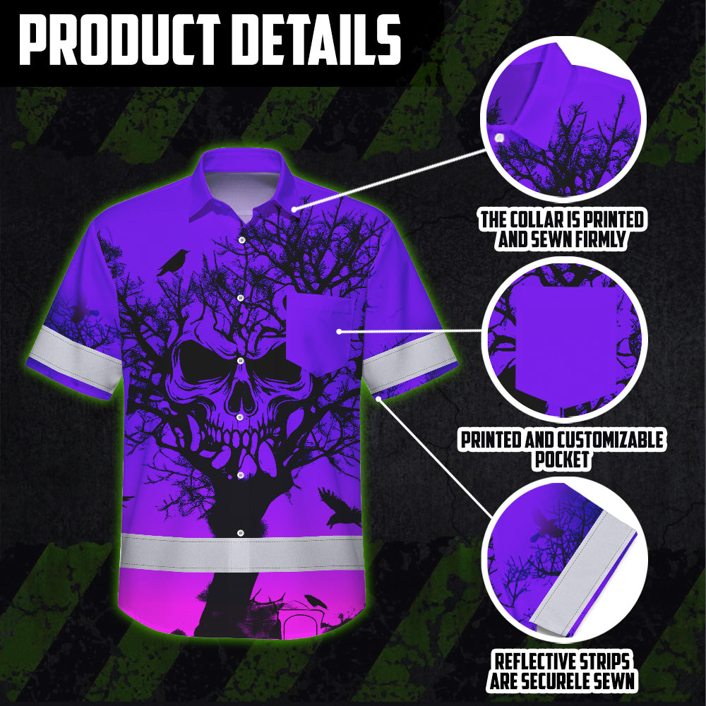 Hi Vis Hawaiian Shirt, Pink Tree Skull Custom Name High Visibility Short Sleeve Button Up Safety Shirt for Workers, Truckers