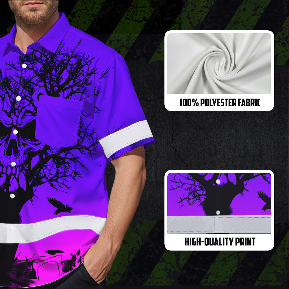 Hi Vis Hawaiian Shirt, Pink Tree Skull Custom Name High Visibility Short Sleeve Button Up Safety Shirt for Workers, Truckers