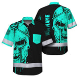 Hi Vis Hawaiian Shirt, Blue Neon Skull Custom Name High Visibility Short Sleeve Button Up Safety Shirt for Workers, Truckers
