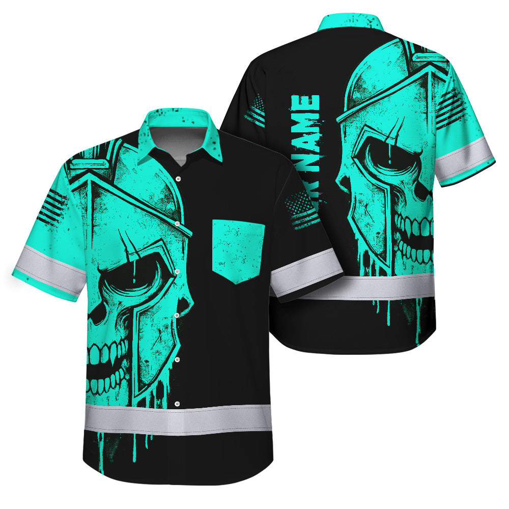 Hi Vis Hawaiian Shirt, Blue Neon Skull Custom Name High Visibility Short Sleeve Button Up Safety Shirt for Workers, Truckers
