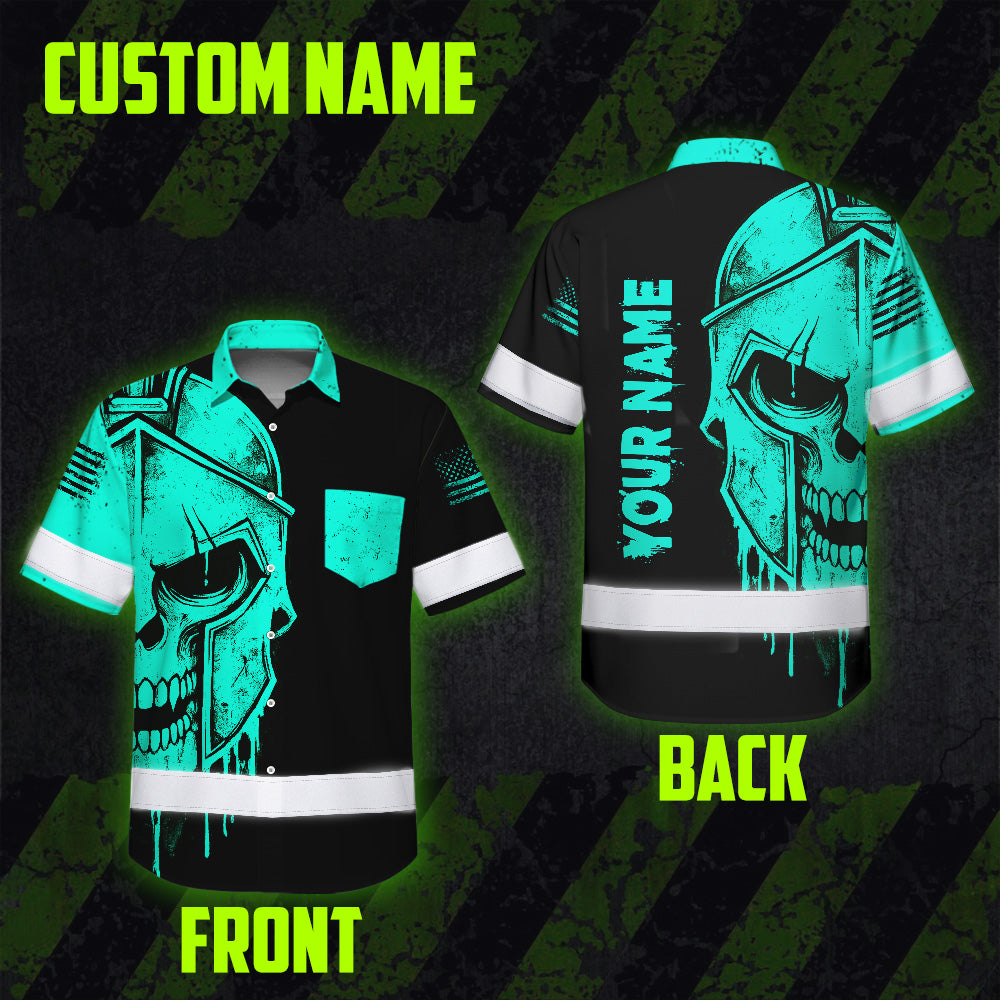 Hi Vis Hawaiian Shirt, Blue Neon Skull Custom Name High Visibility Short Sleeve Button Up Safety Shirt for Workers, Truckers