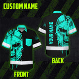 Hi Vis Hawaiian Shirt, Blue Neon Skull Custom Name High Visibility Short Sleeve Button Up Safety Shirt for Workers, Truckers