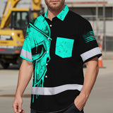 Hi Vis Hawaiian Shirt, Blue Neon Skull Custom Name High Visibility Short Sleeve Button Up Safety Shirt for Workers, Truckers