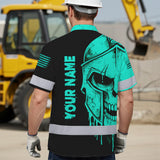 Hi Vis Hawaiian Shirt, Blue Neon Skull Custom Name High Visibility Short Sleeve Button Up Safety Shirt for Workers, Truckers