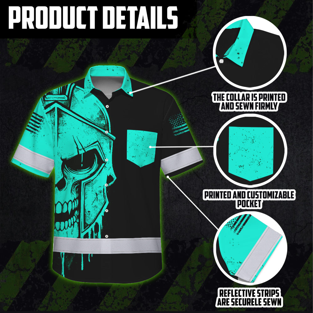 Hi Vis Hawaiian Shirt, Blue Neon Skull Custom Name High Visibility Short Sleeve Button Up Safety Shirt for Workers, Truckers