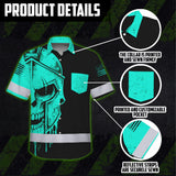 Hi Vis Hawaiian Shirt, Blue Neon Skull Custom Name High Visibility Short Sleeve Button Up Safety Shirt for Workers, Truckers