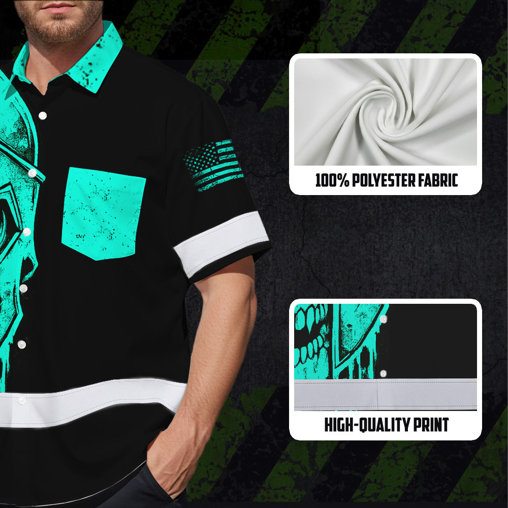Hi Vis Hawaiian Shirt, Blue Neon Skull Custom Name High Visibility Short Sleeve Button Up Safety Shirt for Workers, Truckers