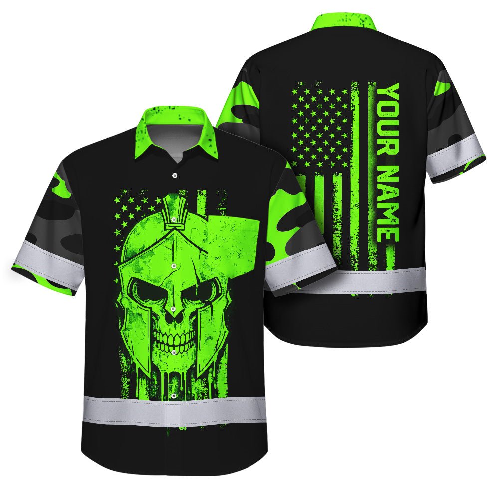 Hi Vis Hawaiian Shirt, Green Skull Flag Custom Name High Visibility Short Sleeve Button Up Safety Shirt for Workers, Truckers