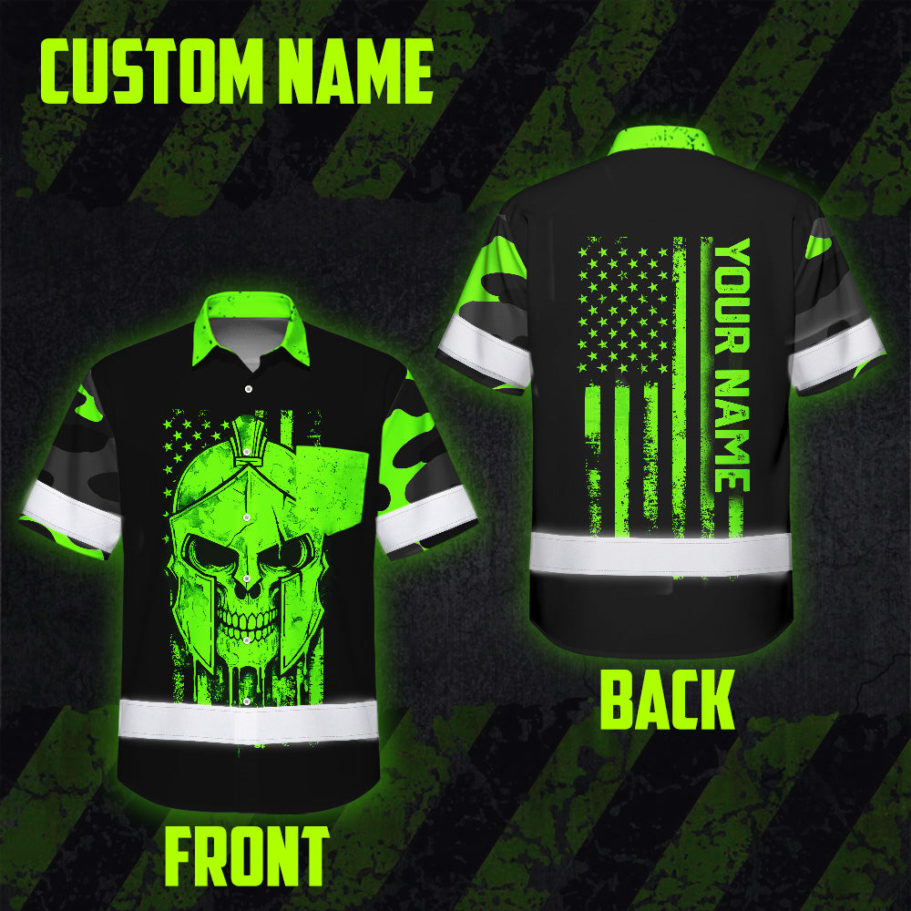 Hi Vis Hawaiian Shirt, Green Skull Flag Custom Name High Visibility Short Sleeve Button Up Safety Shirt for Workers, Truckers