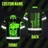 Hi Vis Hawaiian Shirt, Green Skull Flag Custom Name High Visibility Short Sleeve Button Up Safety Shirt for Workers, Truckers