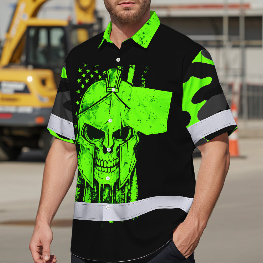 Hi Vis Hawaiian Shirt, Green Skull Flag Custom Name High Visibility Short Sleeve Button Up Safety Shirt for Workers, Truckers