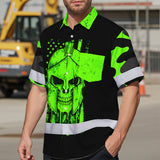 Hi Vis Hawaiian Shirt, Green Skull Flag Custom Name High Visibility Short Sleeve Button Up Safety Shirt for Workers, Truckers