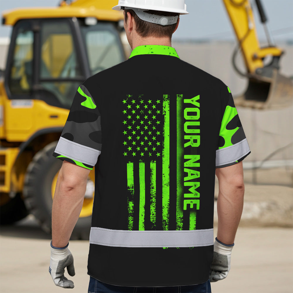 Hi Vis Hawaiian Shirt, Green Skull Flag Custom Name High Visibility Short Sleeve Button Up Safety Shirt for Workers, Truckers