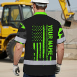 Hi Vis Hawaiian Shirt, Green Skull Flag Custom Name High Visibility Short Sleeve Button Up Safety Shirt for Workers, Truckers