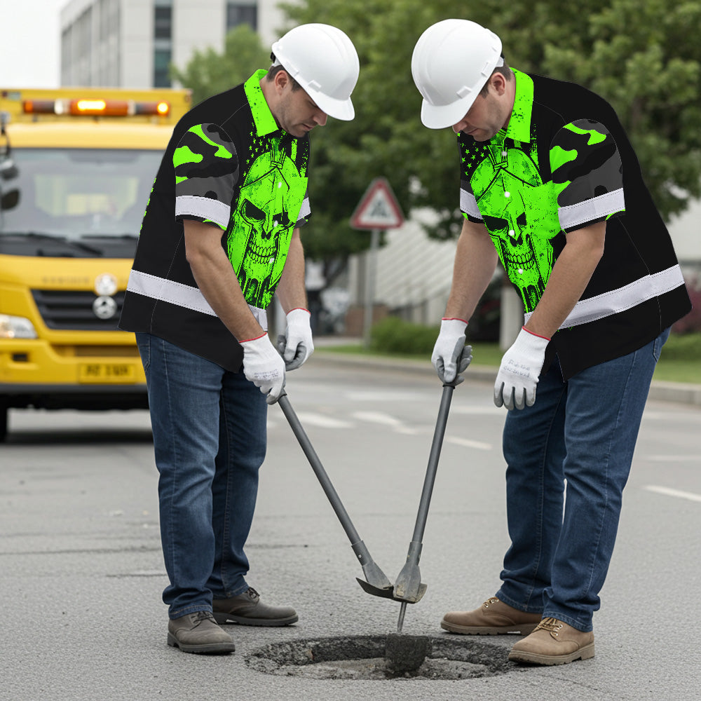 Hi Vis Hawaiian Shirt, Green Skull Flag Custom Name High Visibility Short Sleeve Button Up Safety Shirt for Workers, Truckers