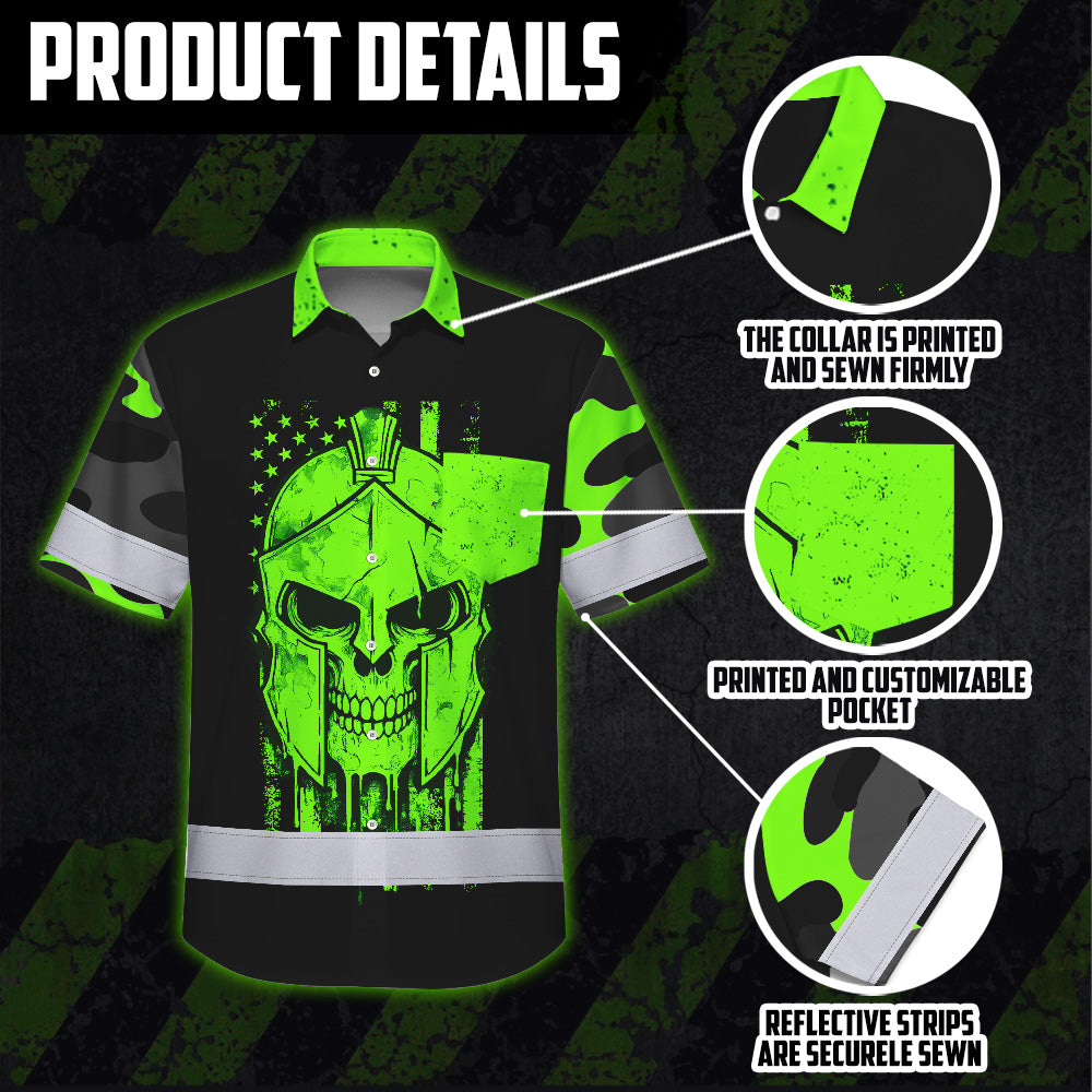 Hi Vis Hawaiian Shirt, Green Skull Flag Custom Name High Visibility Short Sleeve Button Up Safety Shirt for Workers, Truckers