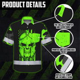 Hi Vis Hawaiian Shirt, Green Skull Flag Custom Name High Visibility Short Sleeve Button Up Safety Shirt for Workers, Truckers