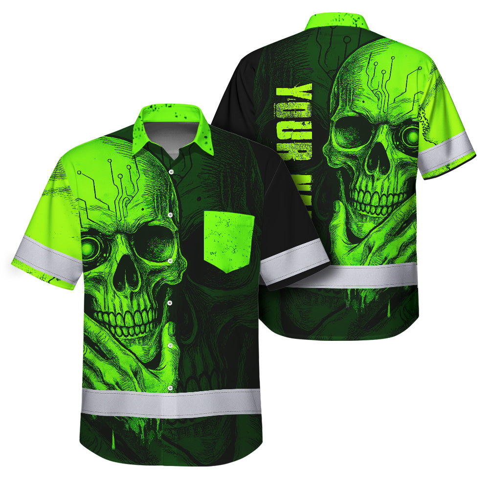 Hi Vis Hawaiian Shirt, Green Neon Skull Custom Name High Visibility Short Sleeve Button Up Safety Shirt for Workers, Truckers