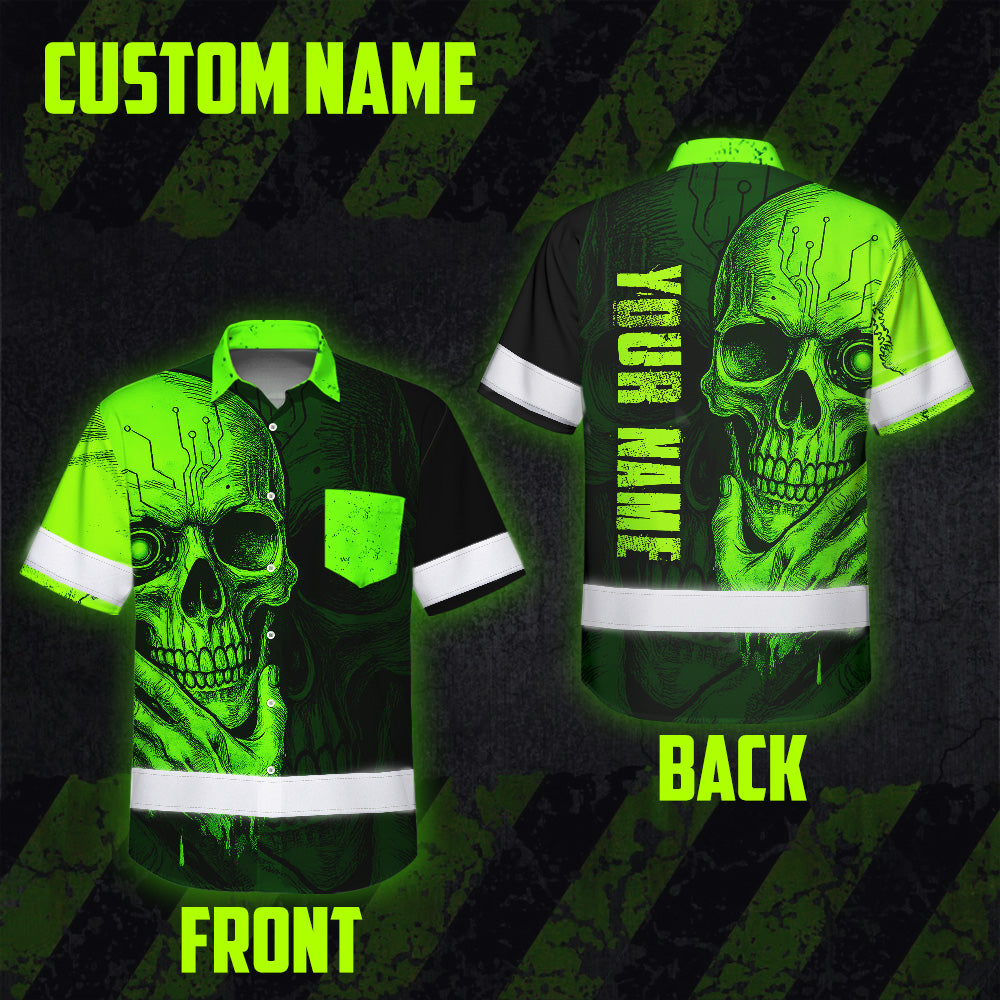 Hi Vis Hawaiian Shirt, Green Neon Skull Custom Name High Visibility Short Sleeve Button Up Safety Shirt for Workers, Truckers