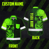 Hi Vis Hawaiian Shirt, Green Neon Skull Custom Name High Visibility Short Sleeve Button Up Safety Shirt for Workers, Truckers
