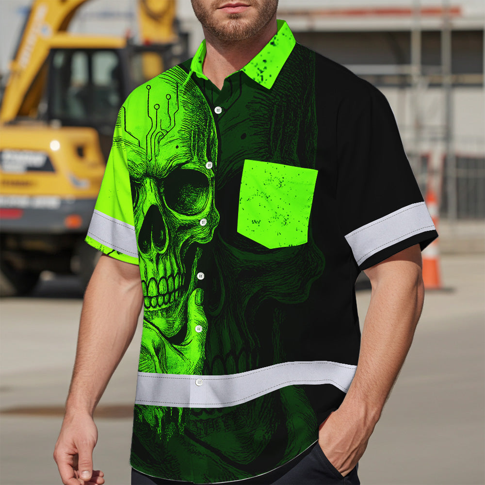 Hi Vis Hawaiian Shirt, Green Neon Skull Custom Name High Visibility Short Sleeve Button Up Safety Shirt for Workers, Truckers