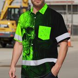 Hi Vis Hawaiian Shirt, Green Neon Skull Custom Name High Visibility Short Sleeve Button Up Safety Shirt for Workers, Truckers