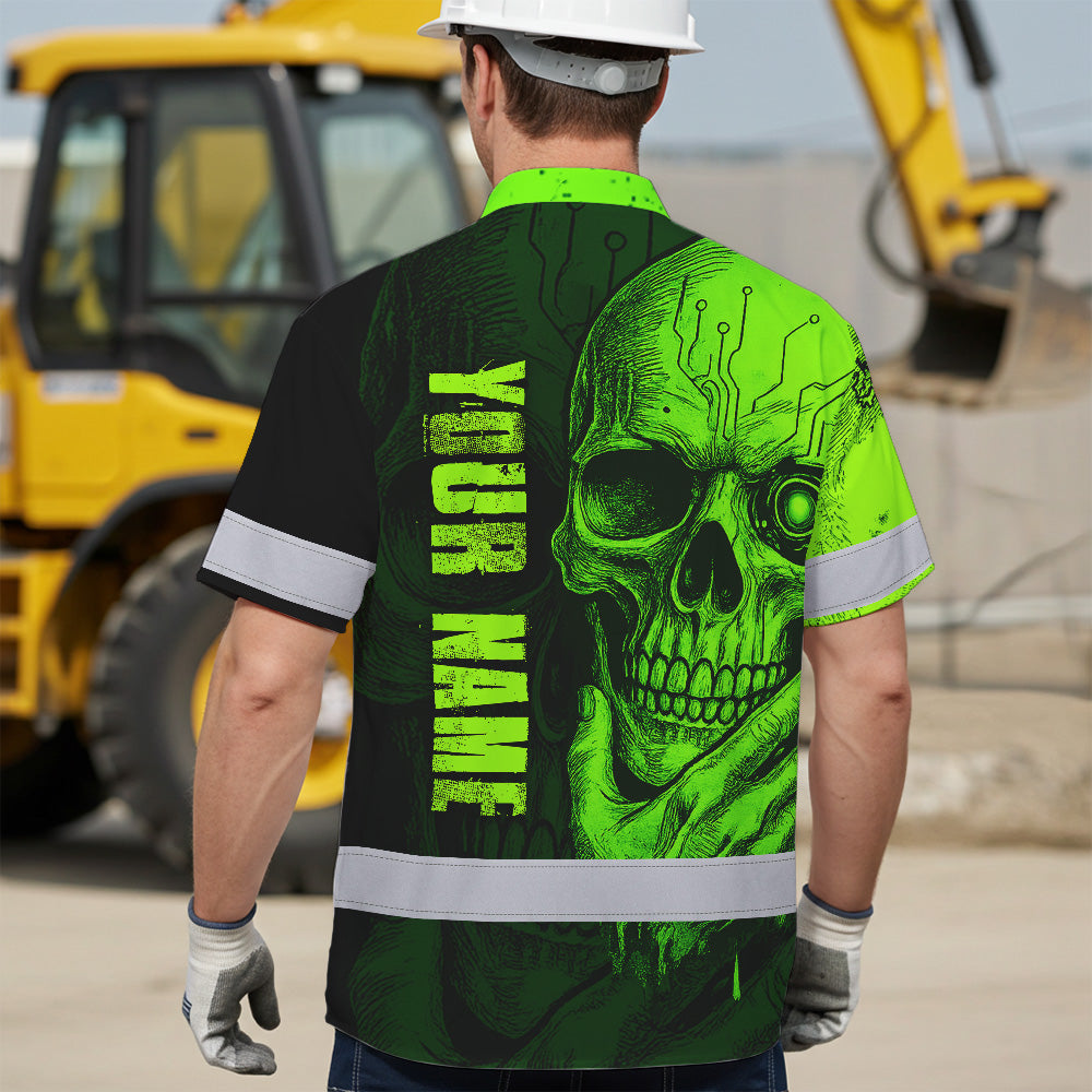 Hi Vis Hawaiian Shirt, Green Neon Skull Custom Name High Visibility Short Sleeve Button Up Safety Shirt for Workers, Truckers
