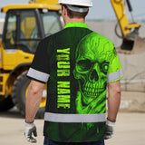 Hi Vis Hawaiian Shirt, Green Neon Skull Custom Name High Visibility Short Sleeve Button Up Safety Shirt for Workers, Truckers
