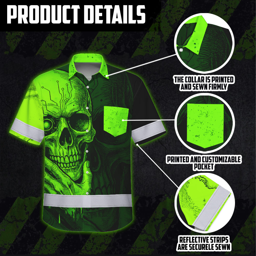 Hi Vis Hawaiian Shirt, Green Neon Skull Custom Name High Visibility Short Sleeve Button Up Safety Shirt for Workers, Truckers