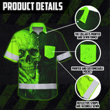 Hi Vis Hawaiian Shirt, Green Neon Skull Custom Name High Visibility Short Sleeve Button Up Safety Shirt for Workers, Truckers