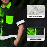 Hi Vis Hawaiian Shirt, Green Neon Skull Custom Name High Visibility Short Sleeve Button Up Safety Shirt for Workers, Truckers