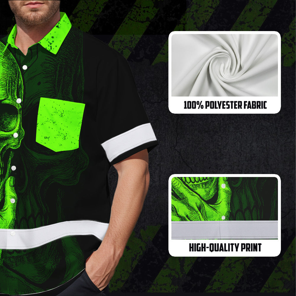 Hi Vis Hawaiian Shirt, Green Neon Skull Custom Name High Visibility Short Sleeve Button Up Safety Shirt for Workers, Truckers