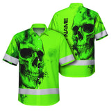 Hi Vis Hawaiian Shirt, Green Skull Custom Name High Visibility Short Sleeve Button Up Safety Shirt for Workers, Truckers