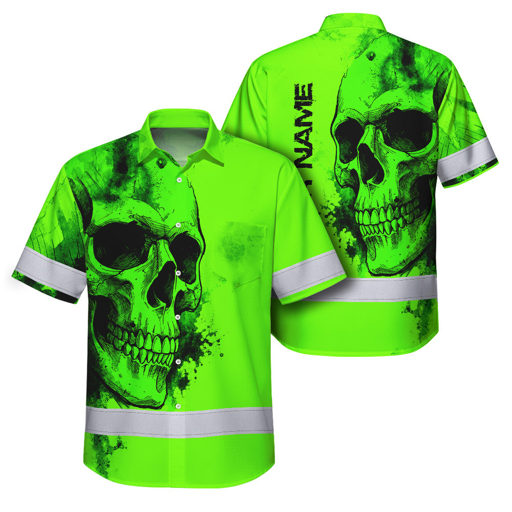 Hi Vis Hawaiian Shirt, Green Skull Custom Name High Visibility Short Sleeve Button Up Safety Shirt for Workers, Truckers