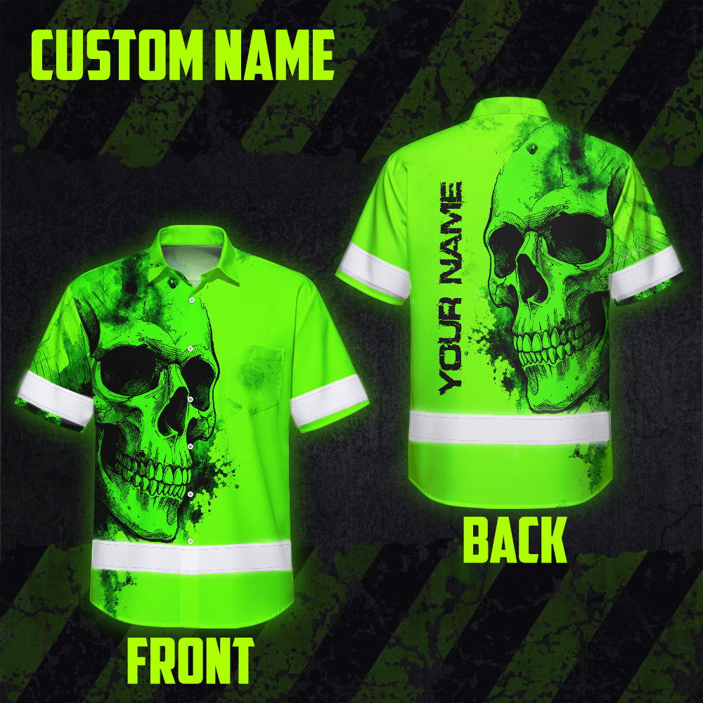 Hi Vis Hawaiian Shirt, Green Skull Custom Name High Visibility Short Sleeve Button Up Safety Shirt for Workers, Truckers