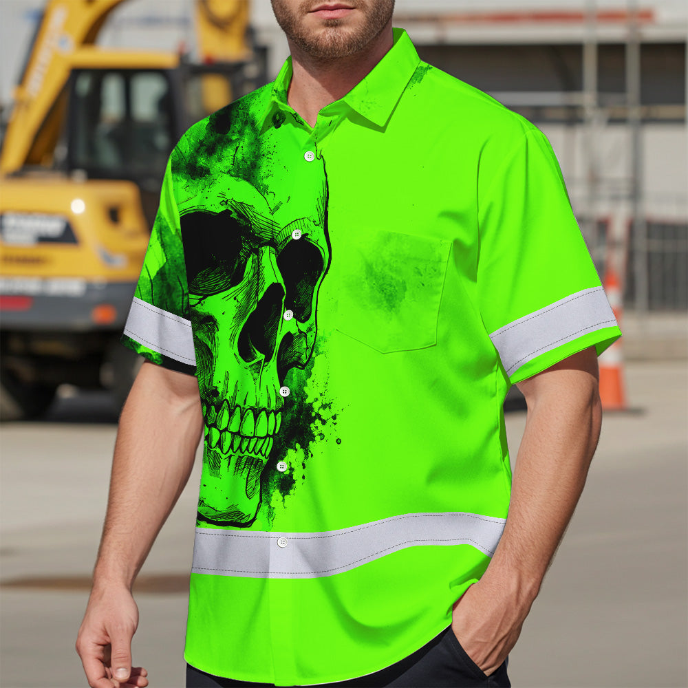 Hi Vis Hawaiian Shirt, Green Skull Custom Name High Visibility Short Sleeve Button Up Safety Shirt for Workers, Truckers