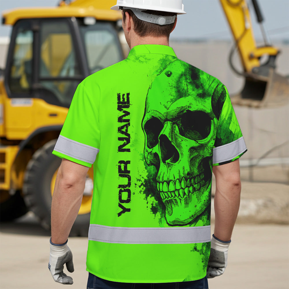 Hi Vis Hawaiian Shirt, Green Skull Custom Name High Visibility Short Sleeve Button Up Safety Shirt for Workers, Truckers