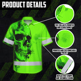 Hi Vis Hawaiian Shirt, Green Skull Custom Name High Visibility Short Sleeve Button Up Safety Shirt for Workers, Truckers