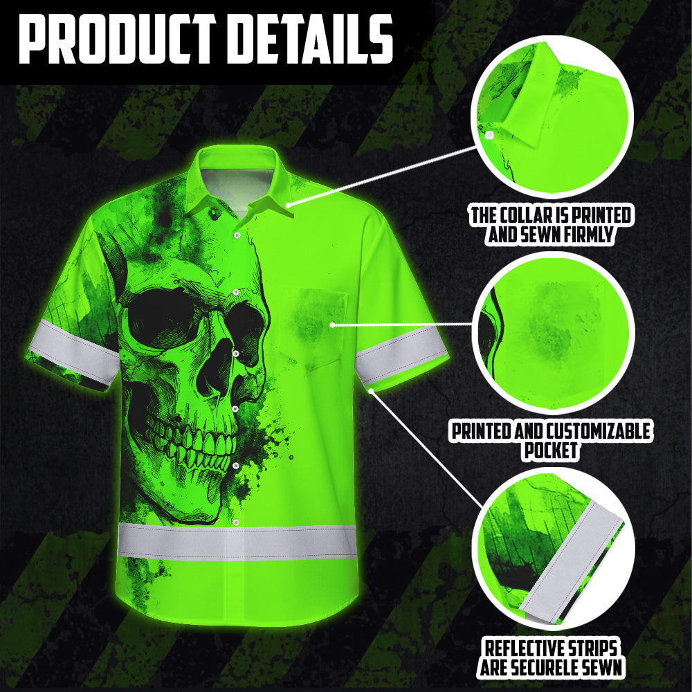 Hi Vis Hawaiian Shirt, Green Skull Custom Name High Visibility Short Sleeve Button Up Safety Shirt for Workers, Truckers