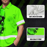 Hi Vis Hawaiian Shirt, Green Skull Custom Name High Visibility Short Sleeve Button Up Safety Shirt for Workers, Truckers