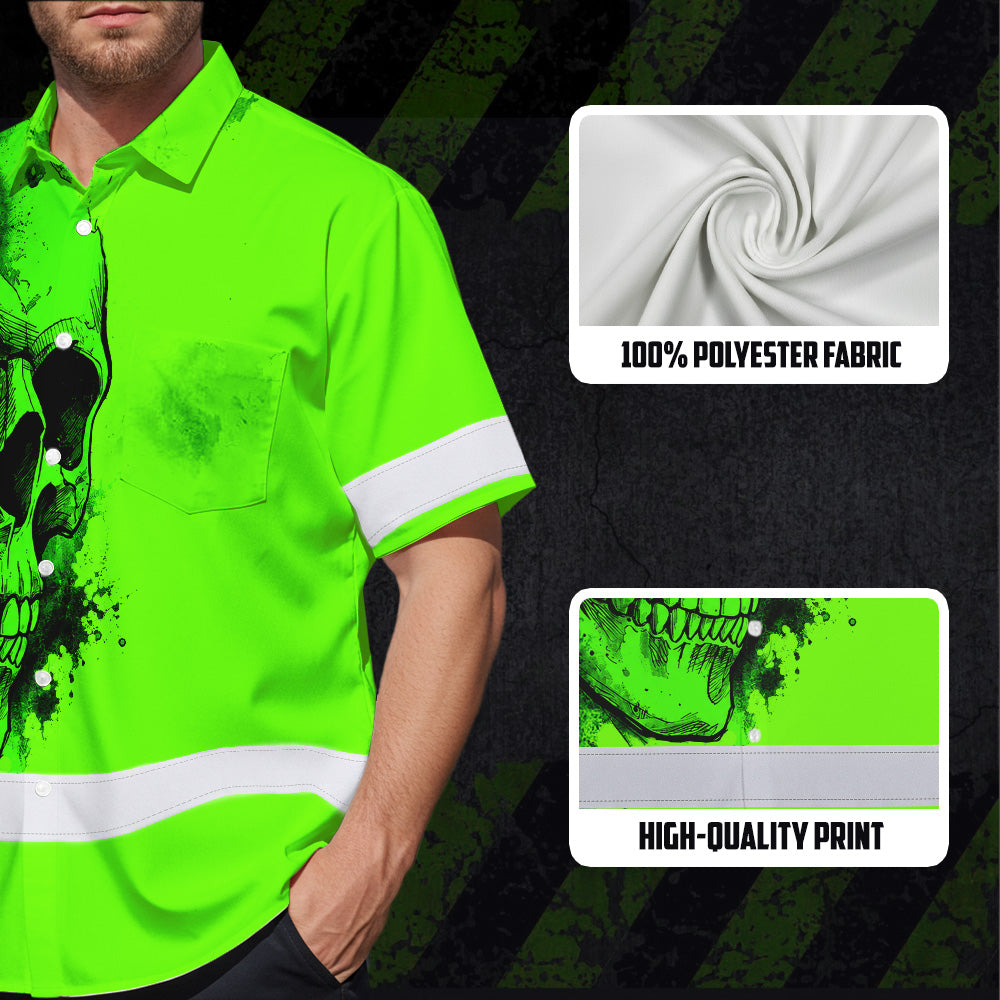 Hi Vis Hawaiian Shirt, Green Skull Custom Name High Visibility Short Sleeve Button Up Safety Shirt for Workers, Truckers
