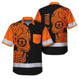 Hi Vis Hawaiian Shirt, Orange Flower Skull Custom Name High Visibility Short Sleeve Button Up Safety Shirt for Workers, Truckers