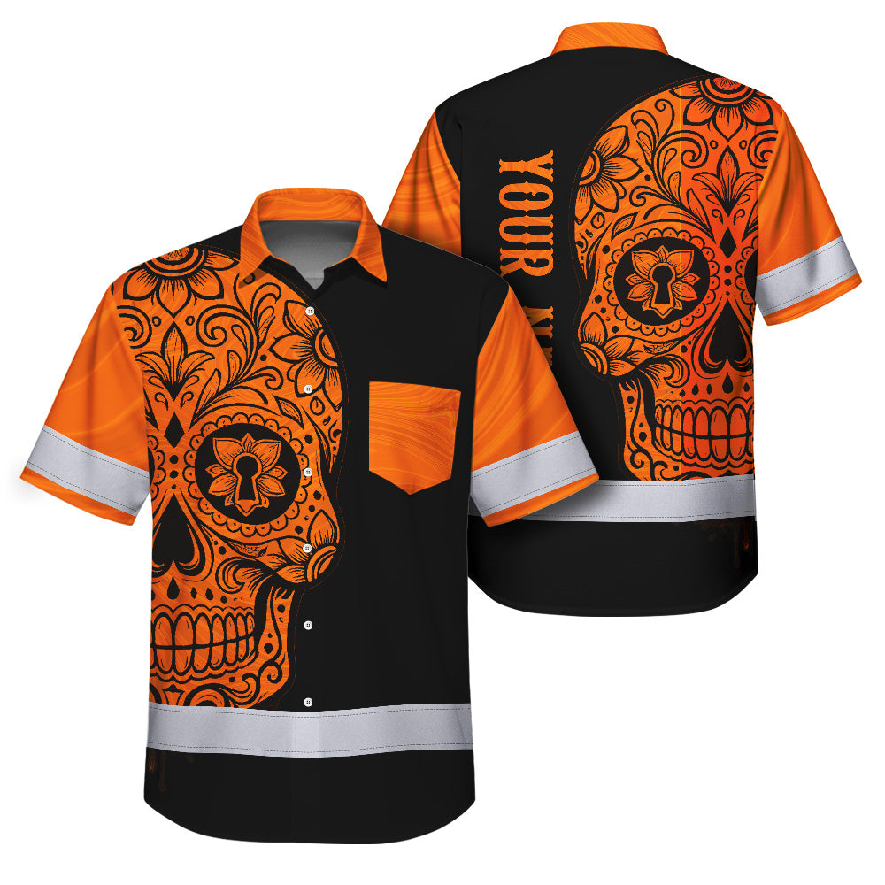 Hi Vis Hawaiian Shirt, Orange Flower Skull Custom Name High Visibility Short Sleeve Button Up Safety Shirt for Workers, Truckers