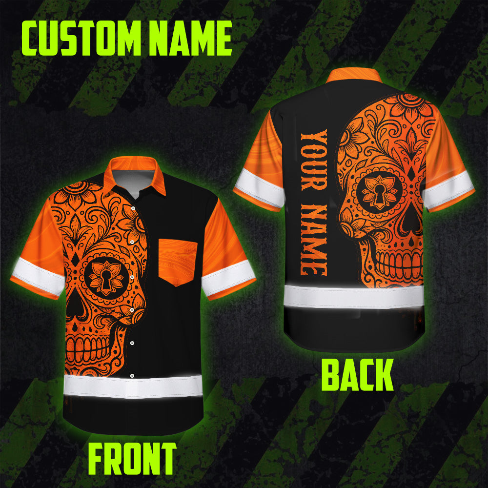 Hi Vis Hawaiian Shirt, Orange Flower Skull Custom Name High Visibility Short Sleeve Button Up Safety Shirt for Workers, Truckers